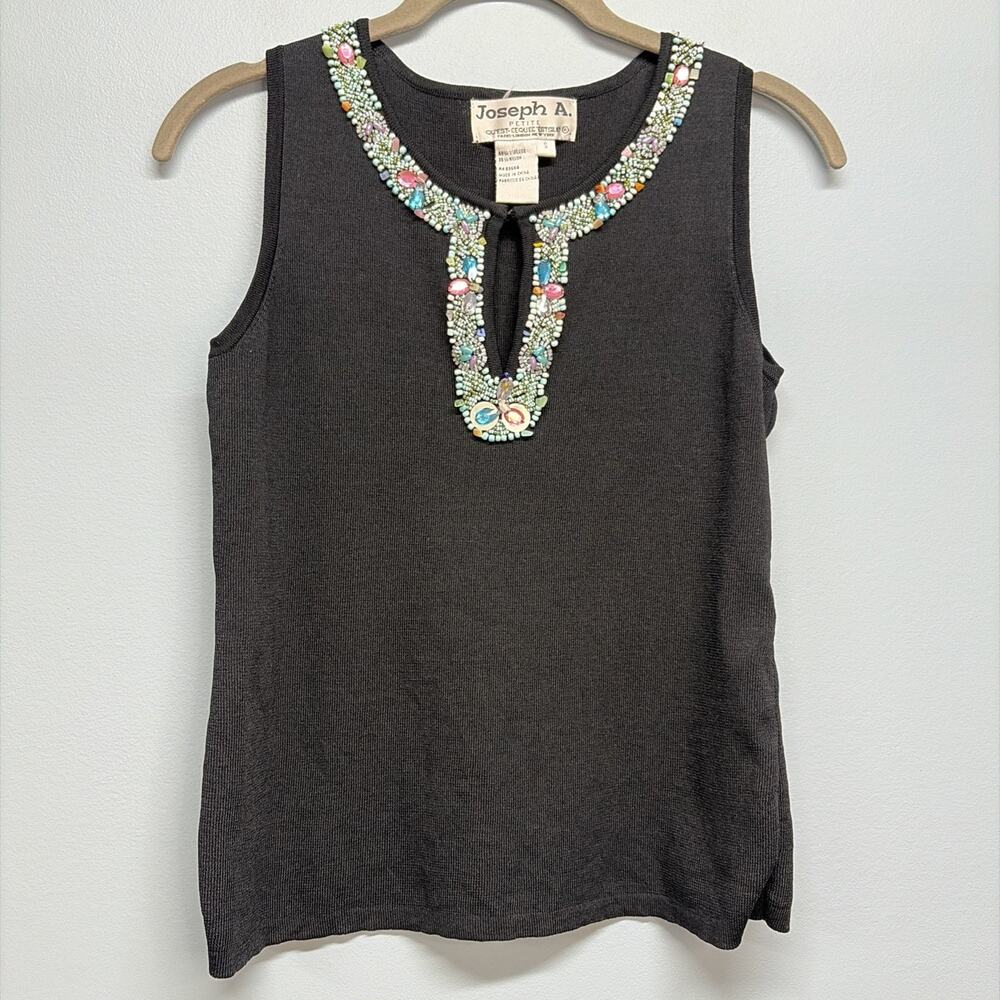 Joseph A Sweater Women’s Petite Small Black Sleeveless Top - Beaded Keyhole Neck